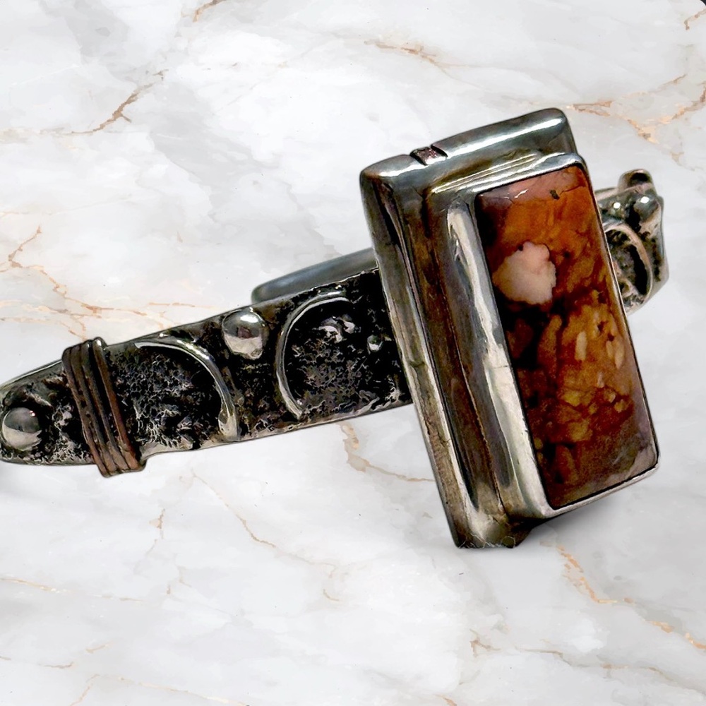 Vintage Navajo Sterling Silver Jasper Cuff Bracelet Signed B Hallmark .925 - Picture 4 of 9